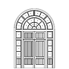 2-panel plank double door with sidelites, plank pediment, and concentric 
